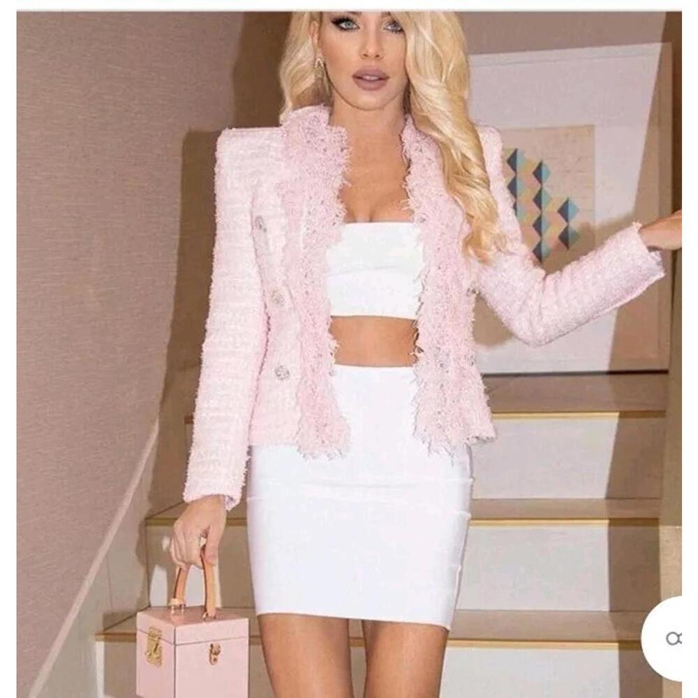 LUXEDRESS Long Sleeve Pearl Rhinestones Fringed Buttons Tweed Jacket XL Pink#CB5